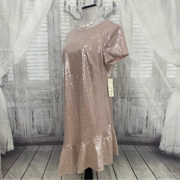 Eliza J Size 18 Blush Pink Sequin Asymmetric Ruffle Hem Short Sleeve Dress NEW - Picture 4 of 11
